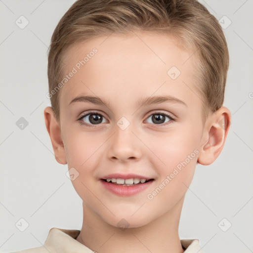 Joyful white child female with short  brown hair and brown eyes