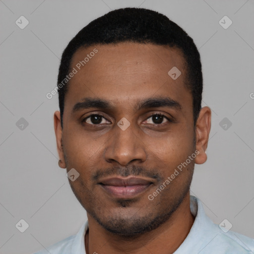 Neutral black young-adult male with short  black hair and brown eyes