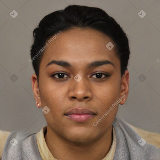 Neutral black young-adult female with short  black hair and brown eyes