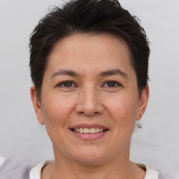 Joyful white adult female with short  brown hair and brown eyes