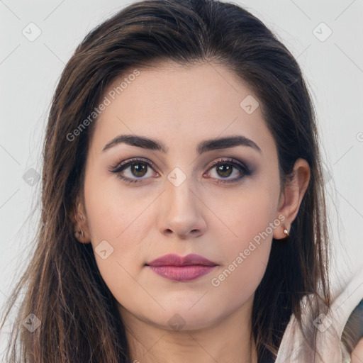 Joyful white young-adult female with long  brown hair and brown eyes