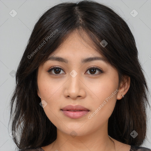 Neutral asian young-adult female with medium  brown hair and brown eyes