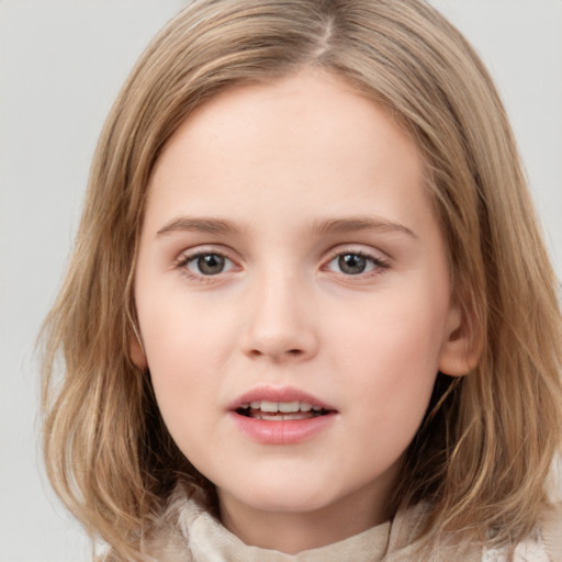 Neutral white child female with medium  brown hair and grey eyes