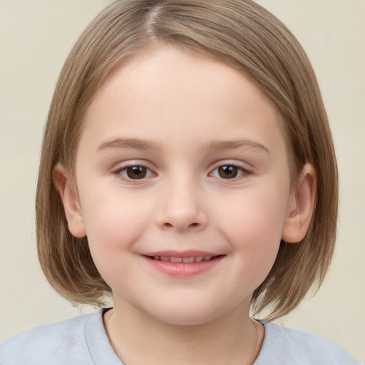 Joyful white child female with medium  brown hair and brown eyes