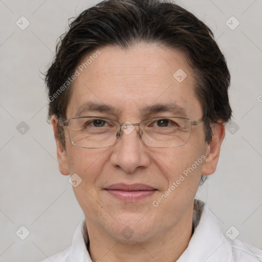 Joyful white middle-aged male with short  brown hair and brown eyes