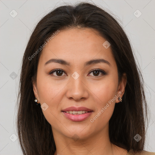 Joyful white young-adult female with long  brown hair and brown eyes