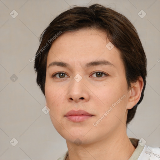 Neutral white young-adult female with short  brown hair and brown eyes