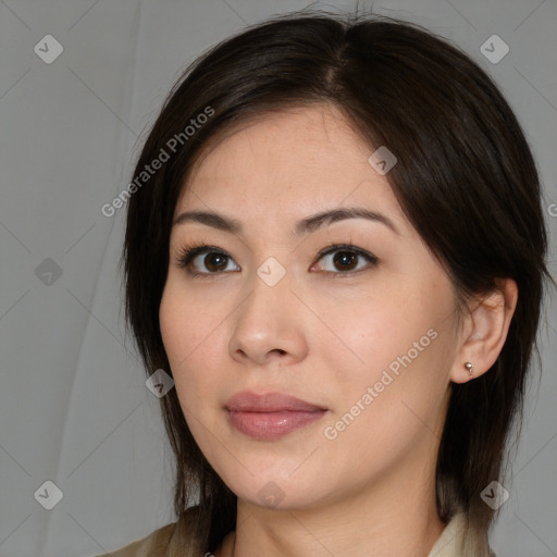 Neutral white young-adult female with medium  brown hair and brown eyes