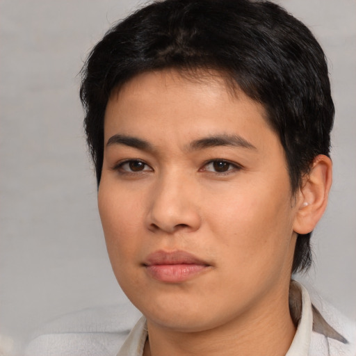 Neutral asian young-adult female with short  brown hair and brown eyes
