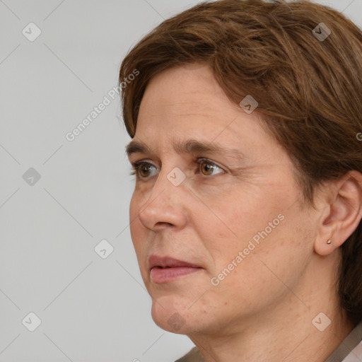 Neutral white adult female with short  brown hair and brown eyes