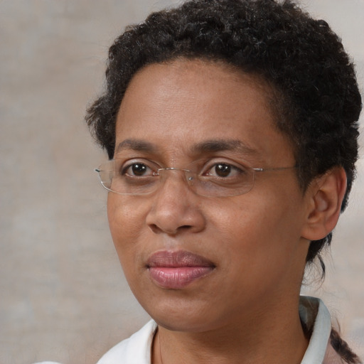 Joyful black adult female with short  brown hair and brown eyes