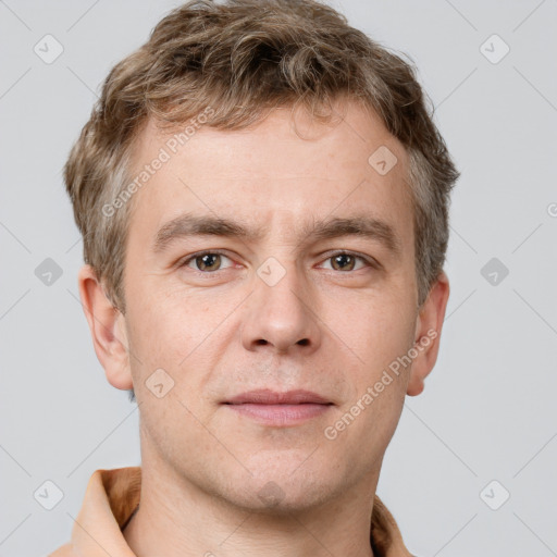 Neutral white young-adult male with short  brown hair and grey eyes