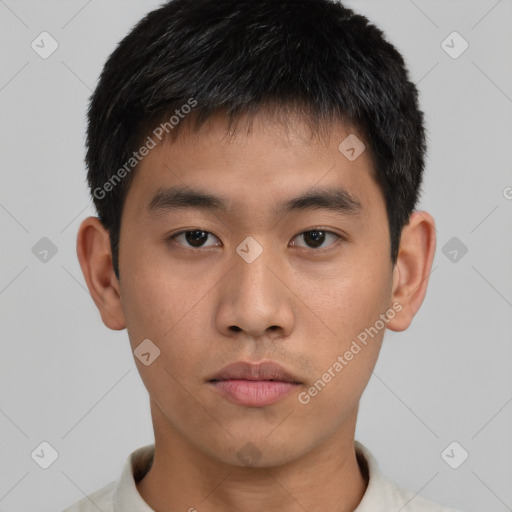 Neutral asian young-adult male with short  black hair and brown eyes