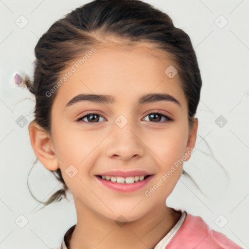 Joyful white child female with medium  brown hair and brown eyes