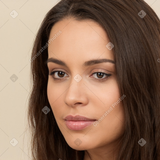 Neutral white young-adult female with long  brown hair and brown eyes