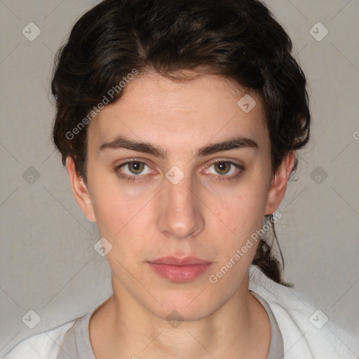 Neutral white young-adult female with short  brown hair and brown eyes