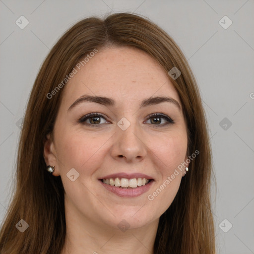 Joyful white young-adult female with long  brown hair and grey eyes