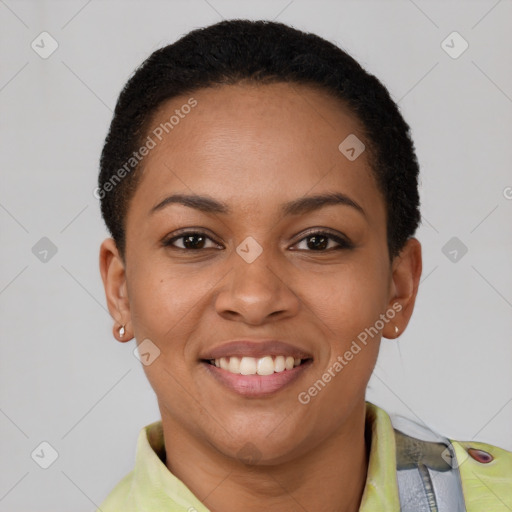 Joyful latino young-adult female with short  brown hair and brown eyes