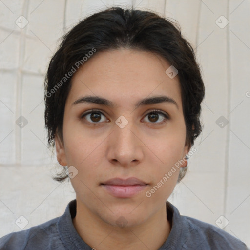 Neutral asian young-adult female with medium  brown hair and brown eyes