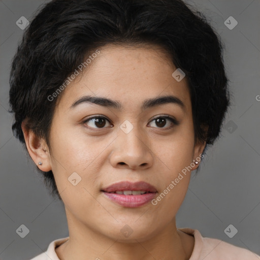 Joyful latino young-adult female with short  brown hair and brown eyes