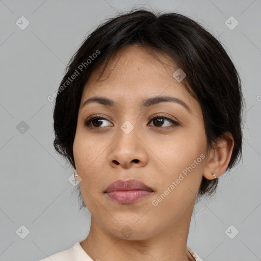 Neutral asian young-adult female with medium  brown hair and brown eyes