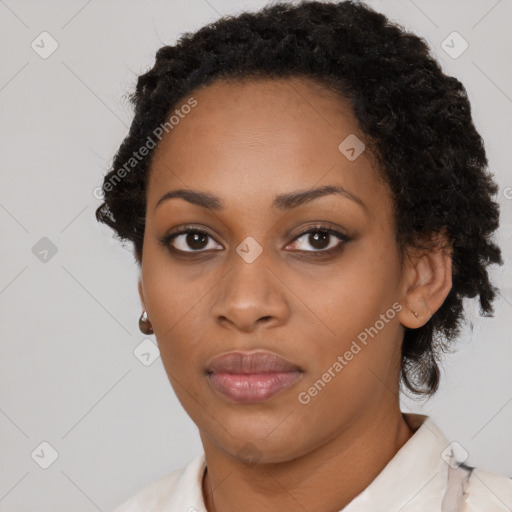 Neutral black young-adult female with short  black hair and brown eyes