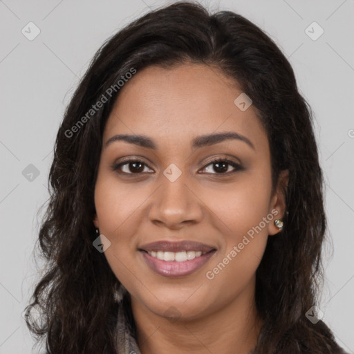 Joyful latino young-adult female with long  brown hair and brown eyes