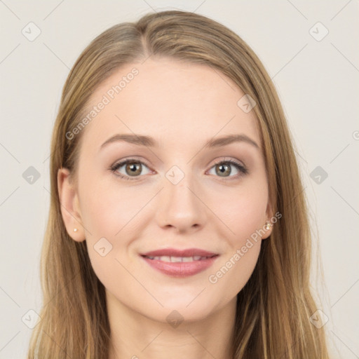 Joyful white young-adult female with long  brown hair and grey eyes