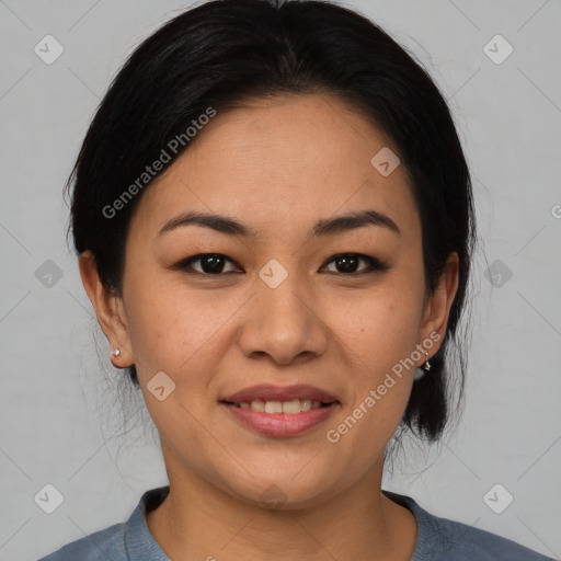 Joyful asian young-adult female with medium  brown hair and brown eyes