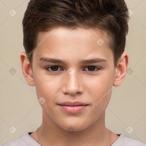 Joyful white child male with short  brown hair and brown eyes