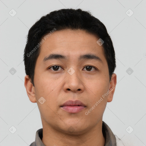 Neutral asian young-adult male with short  black hair and brown eyes