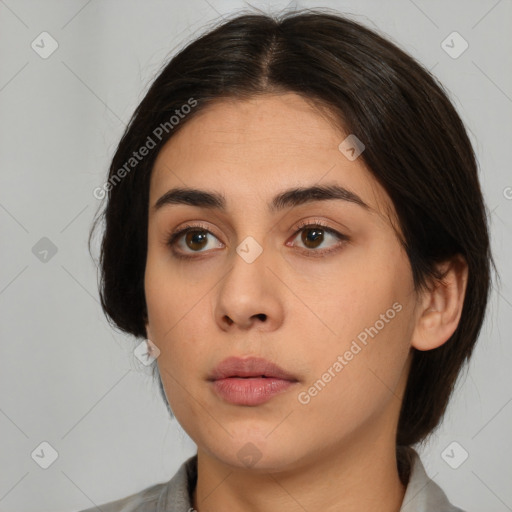 Neutral white young-adult female with medium  brown hair and brown eyes