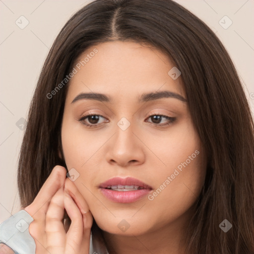 Neutral white young-adult female with long  brown hair and brown eyes