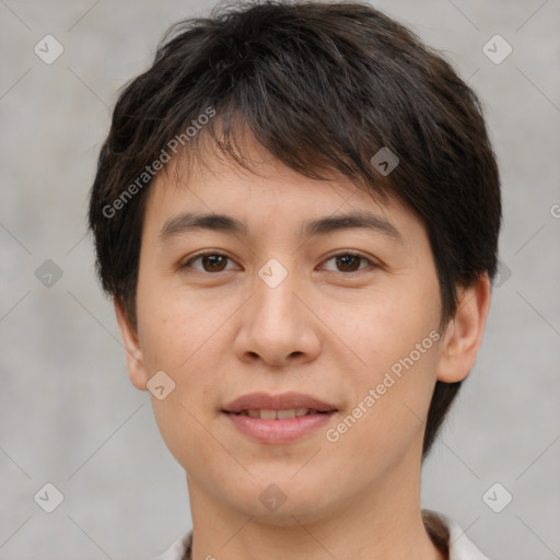 Joyful white young-adult female with short  brown hair and brown eyes