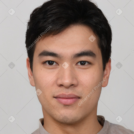 Neutral asian young-adult male with short  black hair and brown eyes