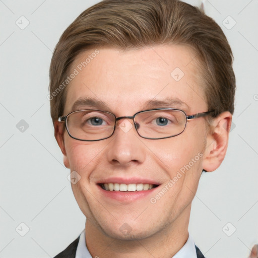 Joyful white adult male with short  brown hair and grey eyes