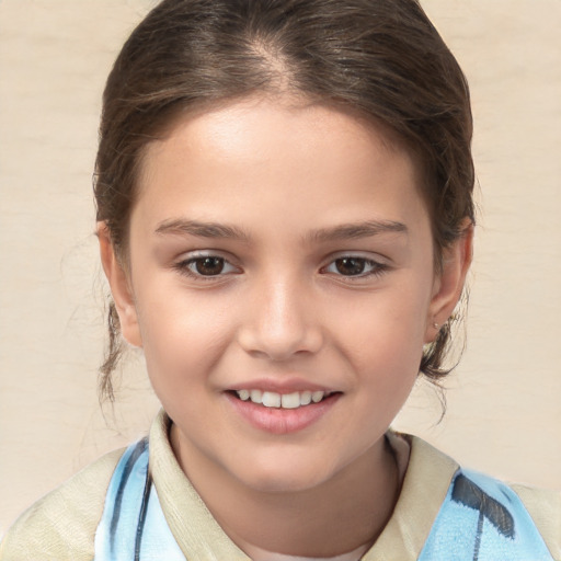 Joyful white child female with medium  brown hair and brown eyes