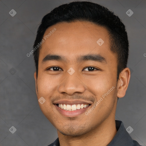 Joyful latino young-adult male with short  black hair and brown eyes