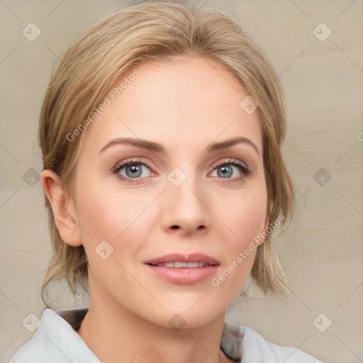 Joyful white young-adult female with medium  brown hair and blue eyes