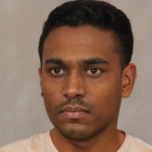 Neutral black young-adult male with short  black hair and brown eyes