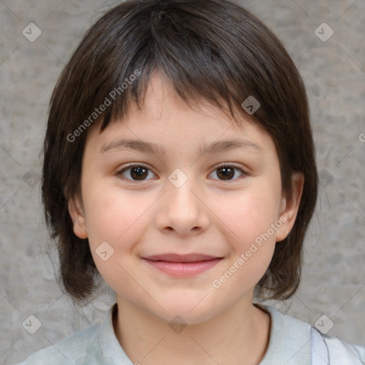 Joyful white child female with medium  brown hair and brown eyes