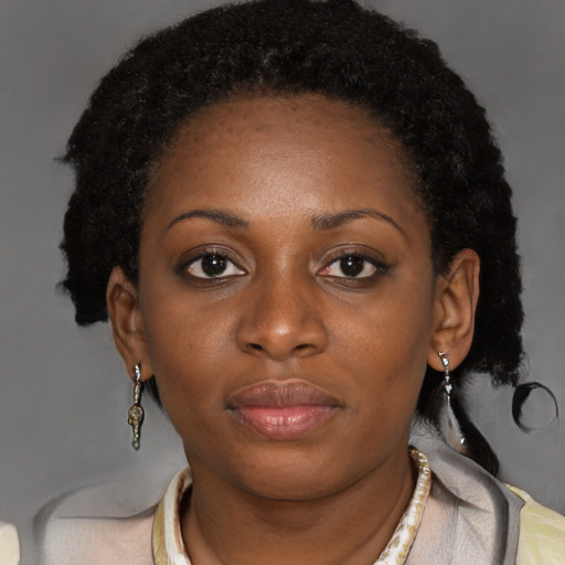 Joyful black young-adult female with long  brown hair and brown eyes