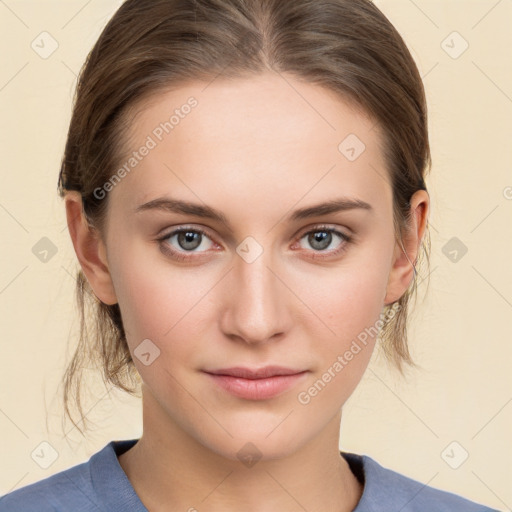 Neutral white young-adult female with medium  brown hair and grey eyes