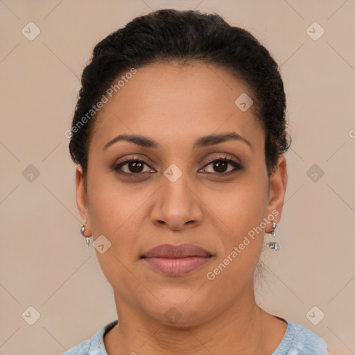 Joyful latino young-adult female with short  brown hair and brown eyes