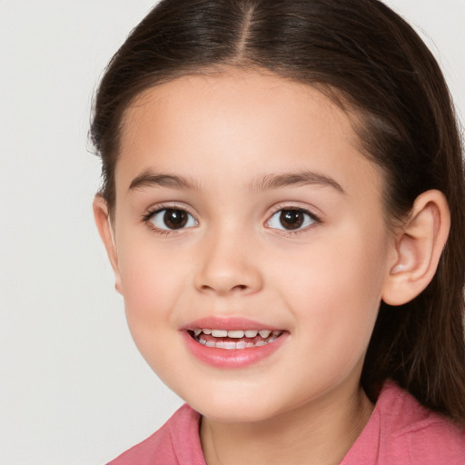 Joyful white child female with medium  brown hair and brown eyes