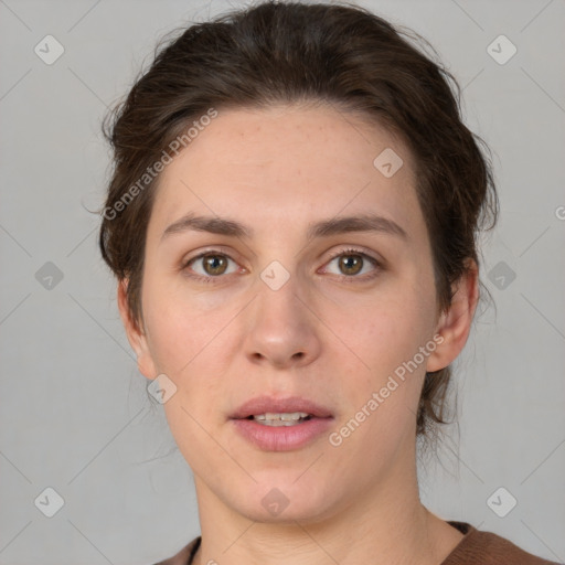 Neutral white young-adult female with medium  brown hair and brown eyes