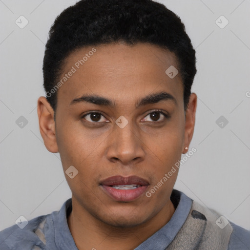 Neutral latino young-adult male with short  black hair and brown eyes