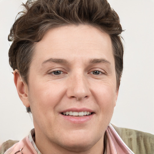 Joyful white adult male with short  brown hair and grey eyes