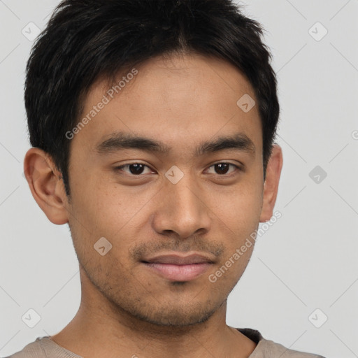 Neutral asian young-adult male with short  brown hair and brown eyes