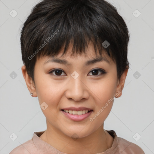 Joyful asian young-adult female with short  brown hair and brown eyes